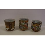 Three Japanese Satsuma beakers calligraphy to interiors, 7.5 cm high