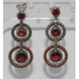 Silver, marcasite and red stone drop earrings