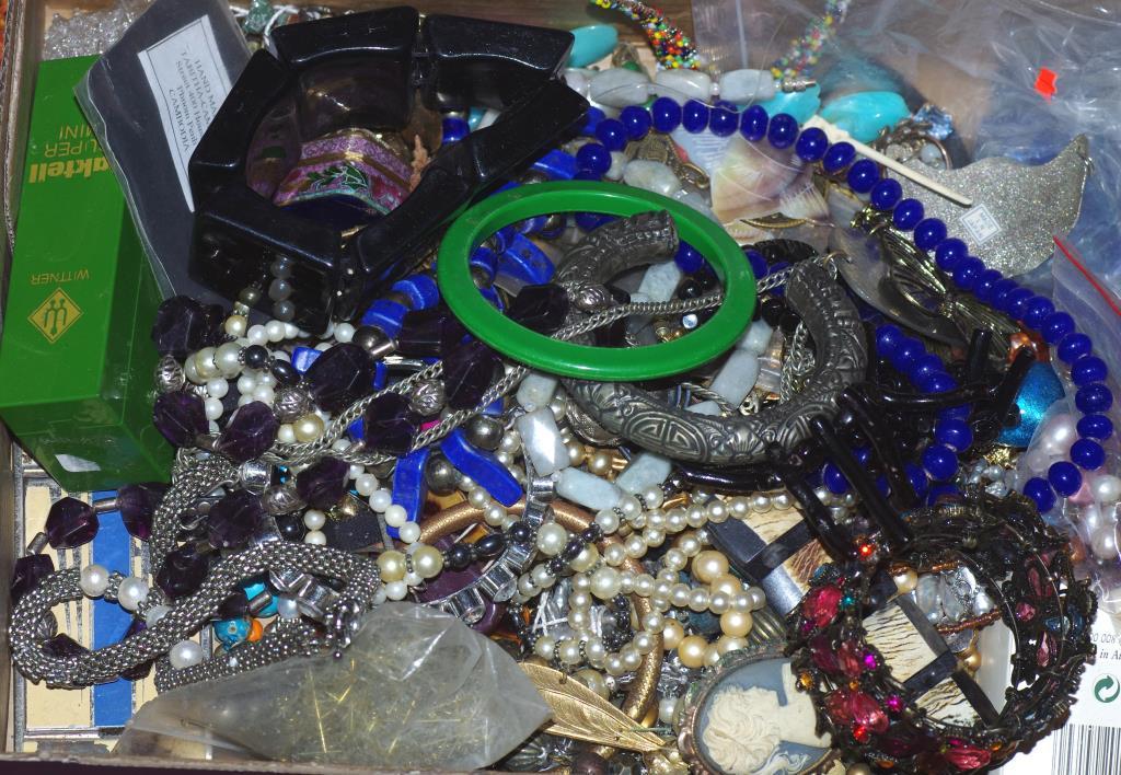 Box of various costume jewellery and other items including miniature metronome