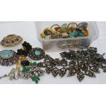 Vintage costume earrings and brooches including Trifari, Barcs and Arcansas, necklaces and rings