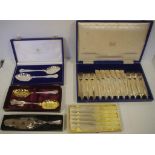 Five boxes of assorted silver plated flatware including Hardy Bros. berry servers & Viner & Hall