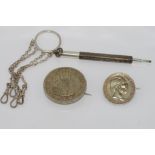 Hallmarked silver propelling pencil & chatelaine both with Birmingham hallmarks with two coin