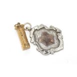 Hallmarked 9ct gold postbox weight: approx 1 gram, together with a silver and gold medallion