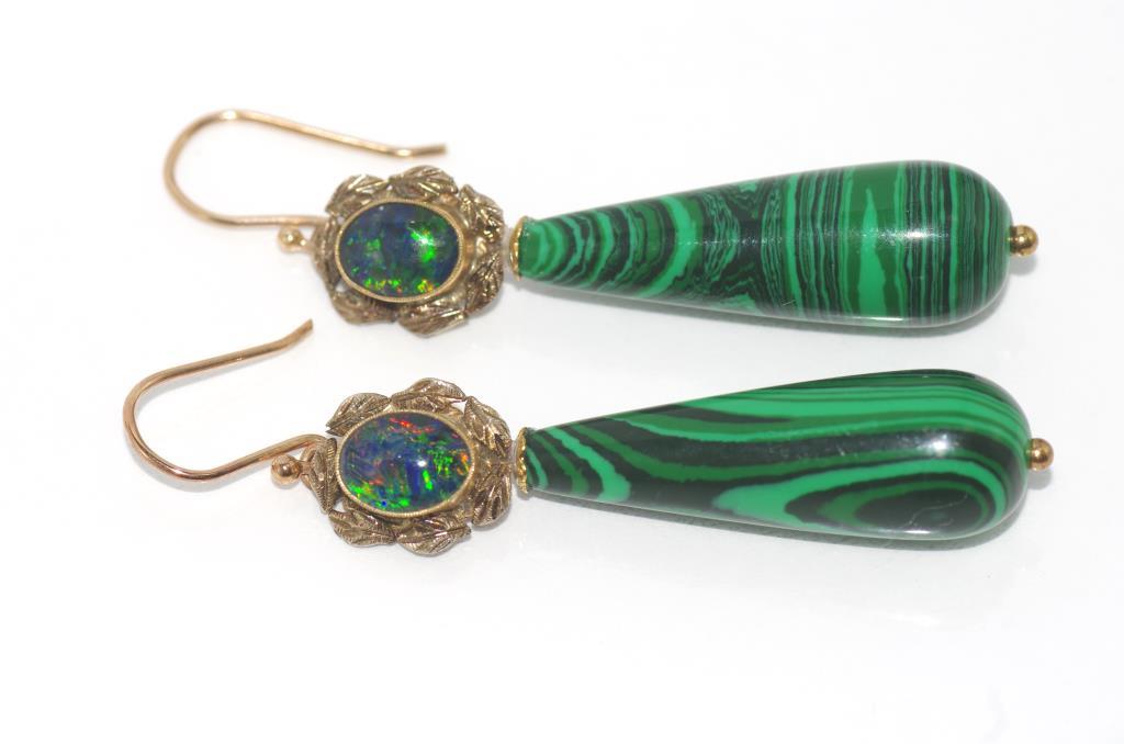 9ct gold, opal and malachite earrings size: approx 5.5cm in length