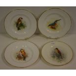 Four Royal Worcester hand painted plates birds including Gold Finch, Kingfisher and Thrush, 13 cm