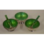 Three Danish silver & enamel salt cellars & 2 spoons, some enamel damaged