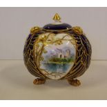 Victorian bone china hand painted ball vase with 3 lake scenes, 14cm high approx