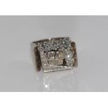 18ct white gold, square diamond cluster ring includes 5 graduated round diamonds, 4 old European cut