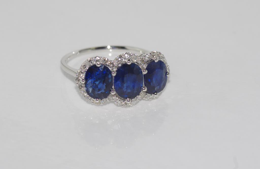 18ct white gold 3 sapphire and diamond ring untreated Burmese sapphires = 3.443ct, 32 diamonds = 0.