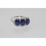 18ct white gold 3 sapphire and diamond ring untreated Burmese sapphires = 3.443ct, 32 diamonds = 0.