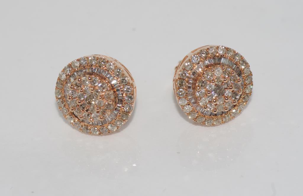 18ct rose gold and diamond cluster earrings diamonds = 1.21 (round) and 0.49 (tapered), weight: