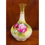 Royal Worcester handpainted vase rose & gilt decoration, signed M. Hunt, 13.5cm high approx.