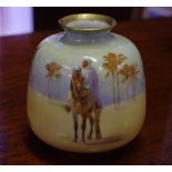 Hand painted Royal Doulton squat vase with Arabian dessert scene, signed H. Allen, 9.5cm high