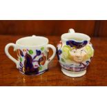 Two Gaudy Welsh miniatures, C:1850 loving cup & jug, 5.5cm high approx.