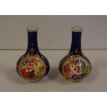 Pair Derby blue ground miniature vases with hand painted panels of flowers, circa 1820, red Derby