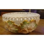 Royal Worcester blush ivory bowl with raised leaf decoration and pierced rim, 17.5cm diameter, 8cm