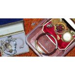 Boxed Norexa watch with costume jewellery including brooches and pendants and a marcasite watch