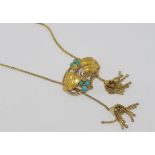 Antique 18ct gold and turquoise slider pendant on chain, with turquoise and vine leaf decoration