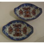 Pair of antique Spode pearlware serving dishes in blue and red tones, C:1820, 23 cm long approx.