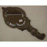 Antique Oriental silver double sided hand mirror worn engraving to mirror handle, tested as silver