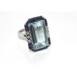 18ct white gold, aquamarine, sapphire&diamond ring Aquamarine 11.53ct, diamonds 6=0.2ct, sapphire