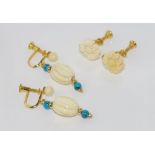 Ivory and turquoise vintage earrings together with another pair of bone floral earrings both with