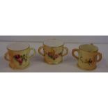 Three Royal Worcester miniature loving cups pattern: blush ivory with floral decoration, H4cm approx