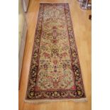 Woolen hall runner with cream and maroon colour tones, 245cm long, 74cm wide approx