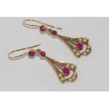 9ct gold, ruby and pearl drop earrings weight: approx 3.53 grams, size: approx 4.3cm drop