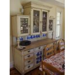 Antique large painted kitchen cabinet with blue tiles, 199cm wide, 63cm deep, 228cm high