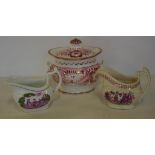 Three vintage pink lustre ware pieces to include 2 jugs and a lidded bowl