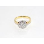 18ct two tone gold diamond cluster ring 9 diamonds TDW= 1.00c H,Si1, weight: approx 4.5 grams, size: