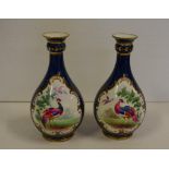 Pair Crown Staffordshire blue ground vases hand painted with Chelsea birds, signed Mason, 15 cm