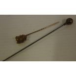 Gold ore specimen mounted hat pin & another hat pin, 14cm long (longest) approx.