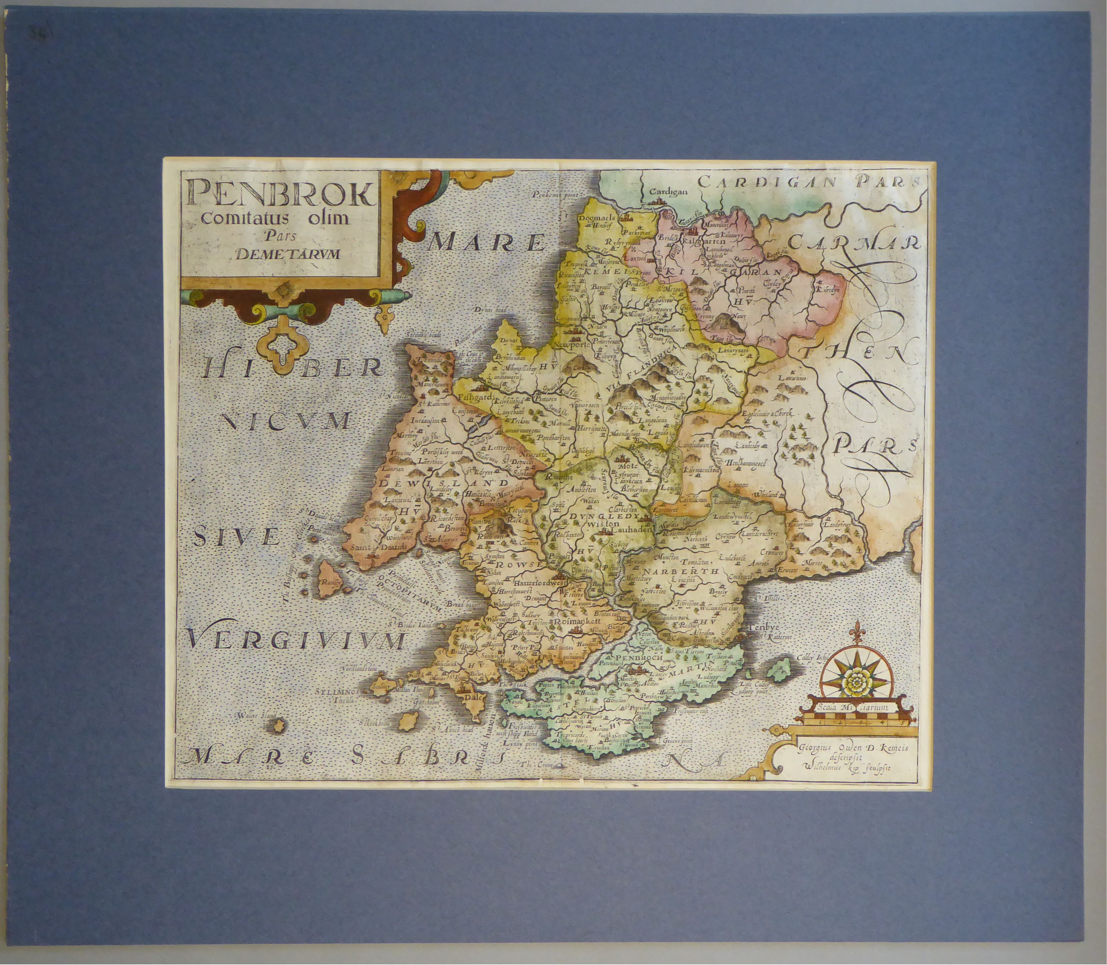 A C17th hand coloured copper engraved map of Pembrokeshire by William Kip c1619