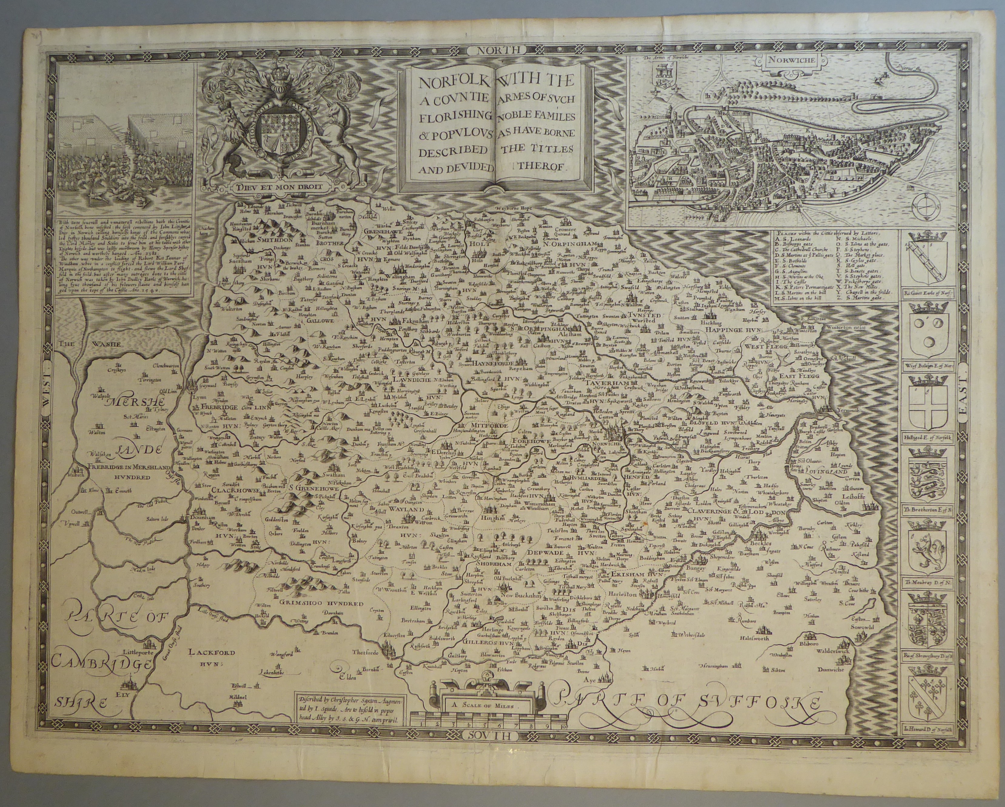 A C17th Black & White copper engraved map of Norfolk by John Speed, c1612