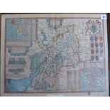 A C17th hand coloured copper engraved map of Gloucestershire 1676 edition by John Speed