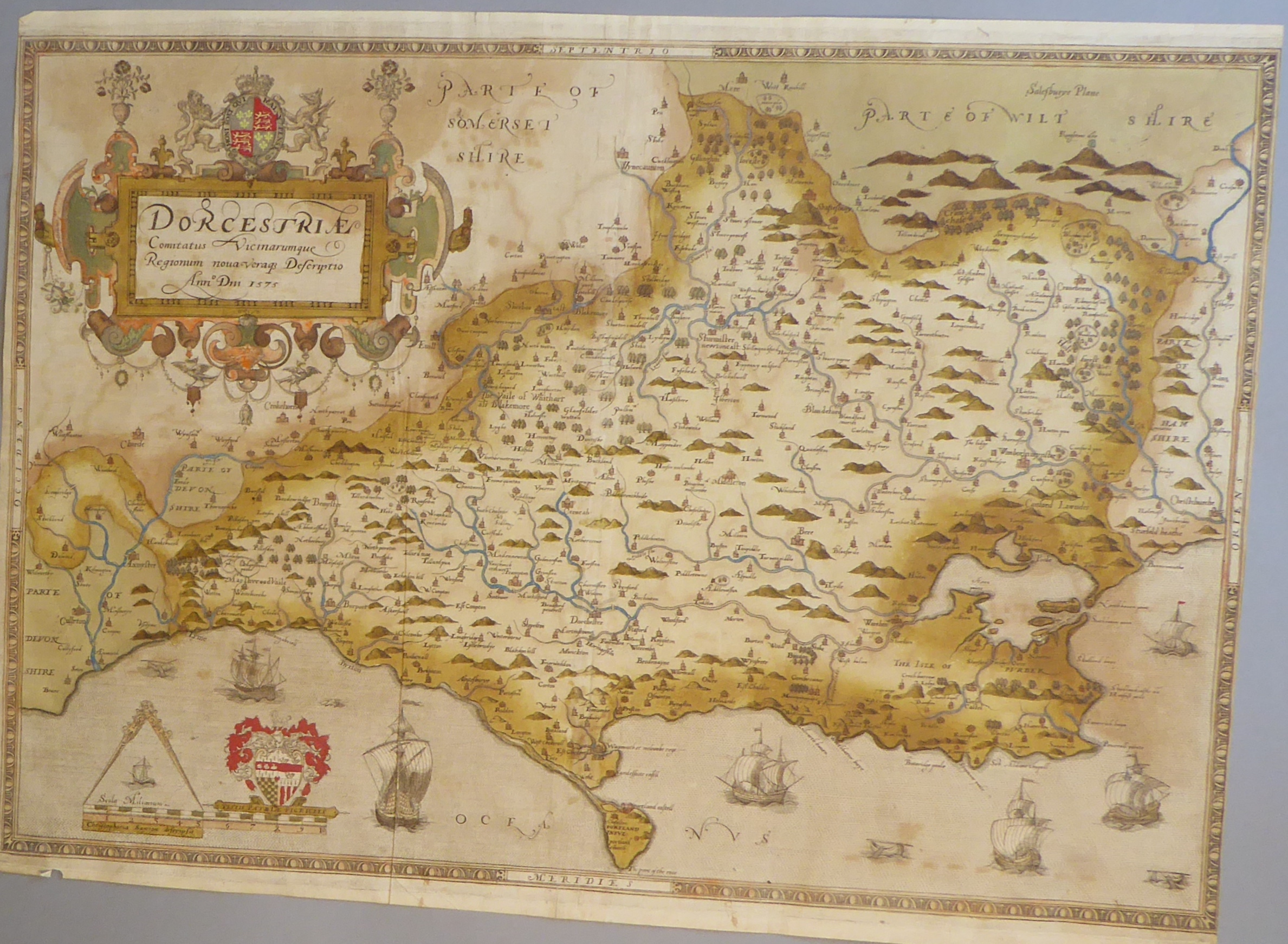 A C16th hand coloured copper engraved map of Dorsetshire c1579 by Christopher Saxton