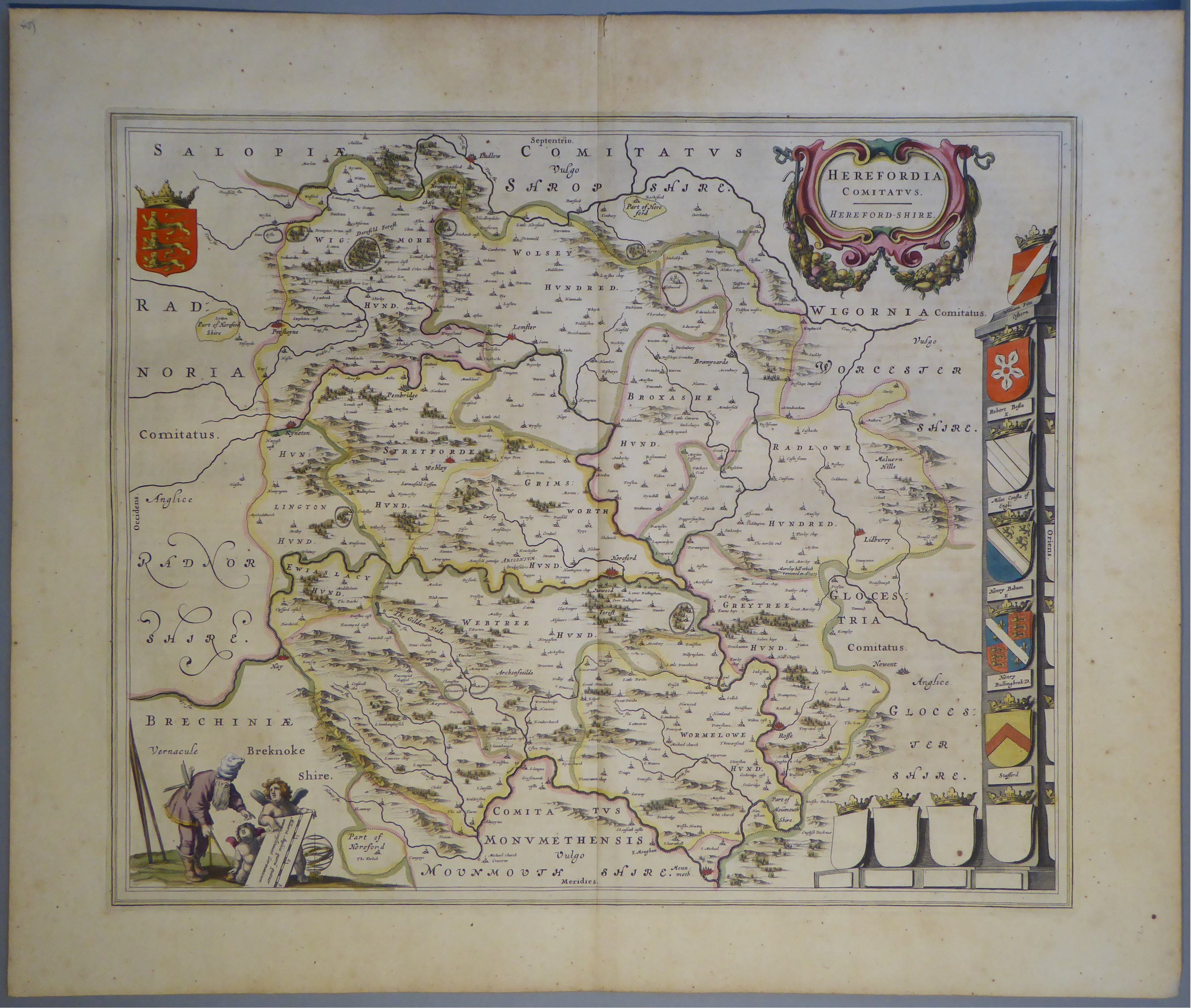A C17th hand coloured copper engraved map of Herefordshire by William Blaeu, c1645