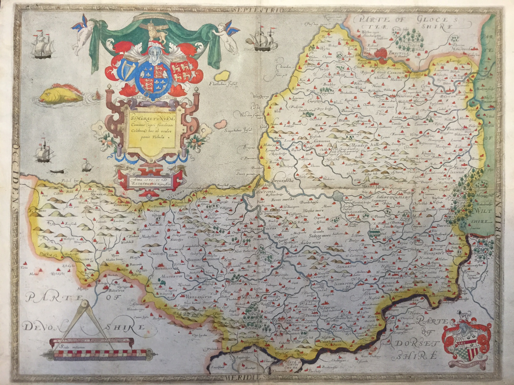 A C16th hand coloured copper engraved map of Somersetshire C1579 by Christopher Saxton