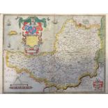 A C16th hand coloured copper engraved map of Somersetshire C1579 by Christopher Saxton