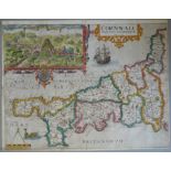 A C17th hand coloured copper engraved map of Cornwall by William Kip c1610