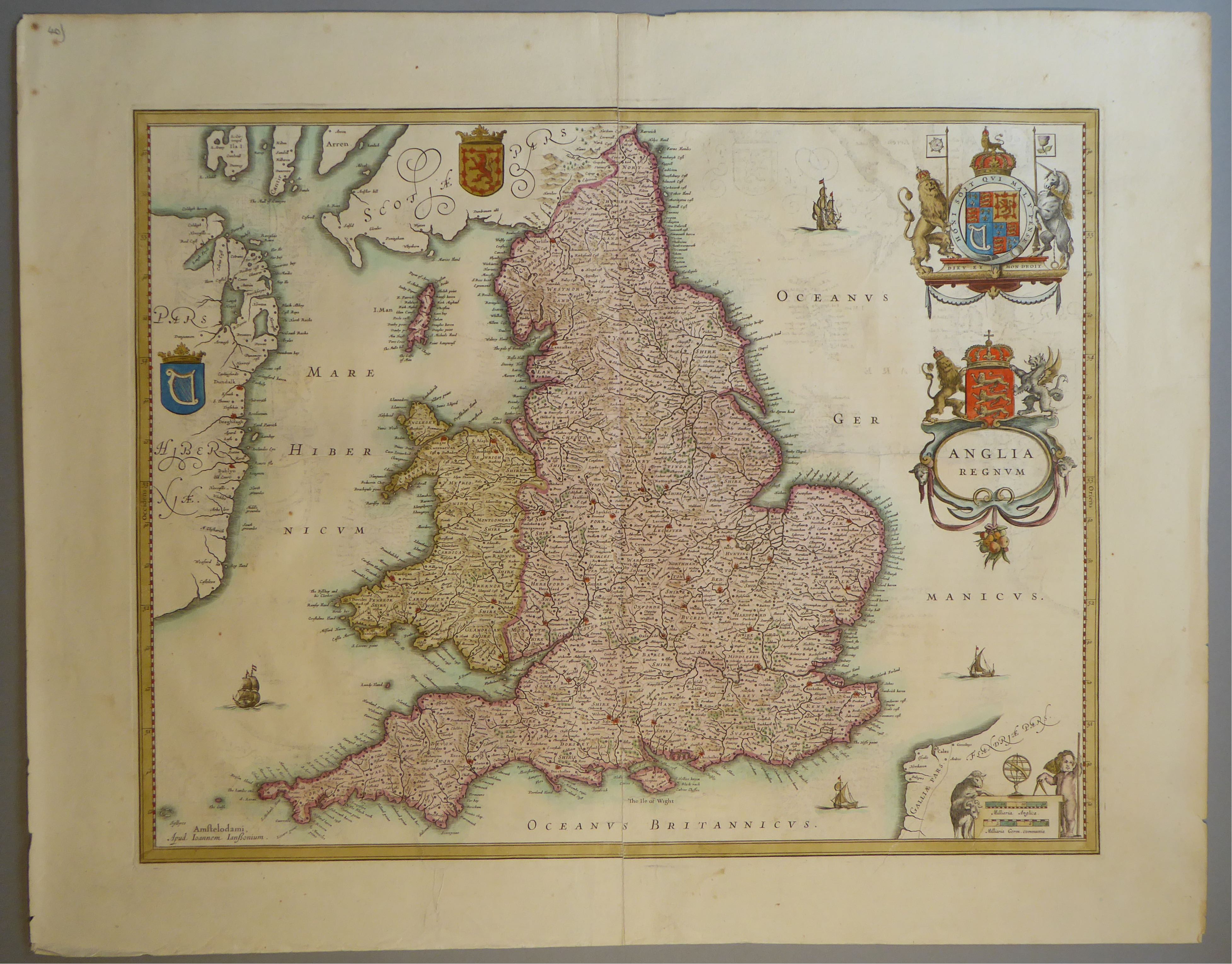 A C17th hand coloured copper engraved map of England & Wales by Johann Jansson, c1650