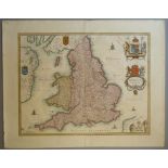 A C17th hand coloured copper engraved map of England & Wales by Johann Jansson, c1650