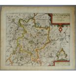 A C17th hand coloured copper engraved map of Huntingdonshire by William Kip c1610