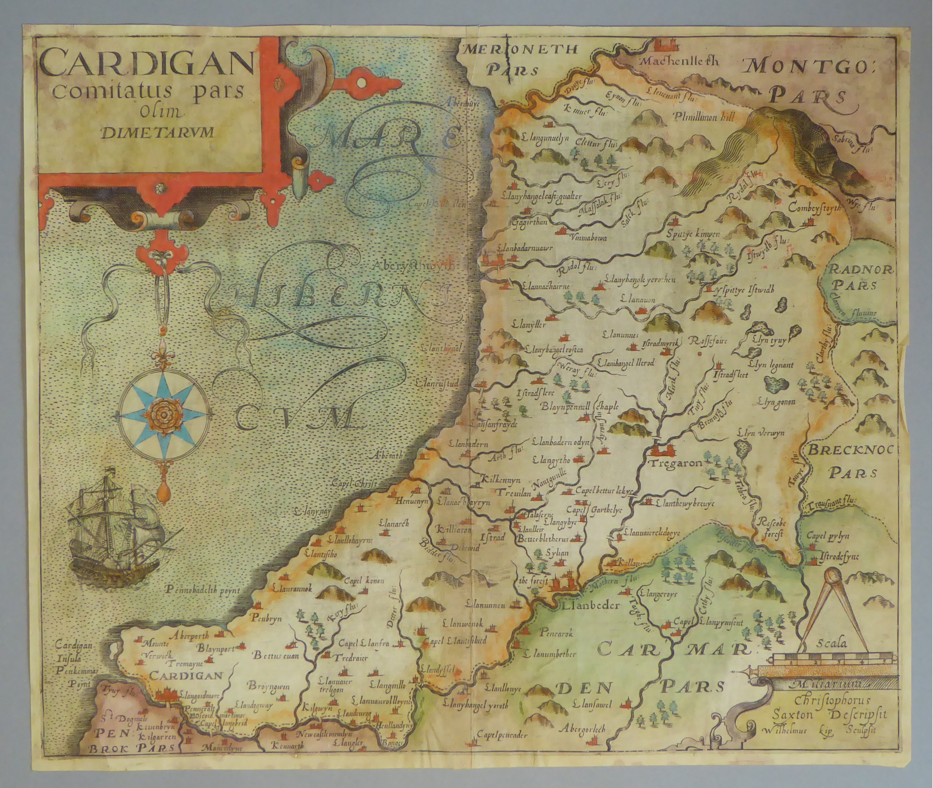 A C17th hand coloured copper engraved map of Cardiganshire by William Kip c1610