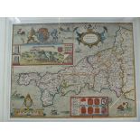 A C16th hand coloured copper engraved map of Cornwall C1579 by Saxton / Lea