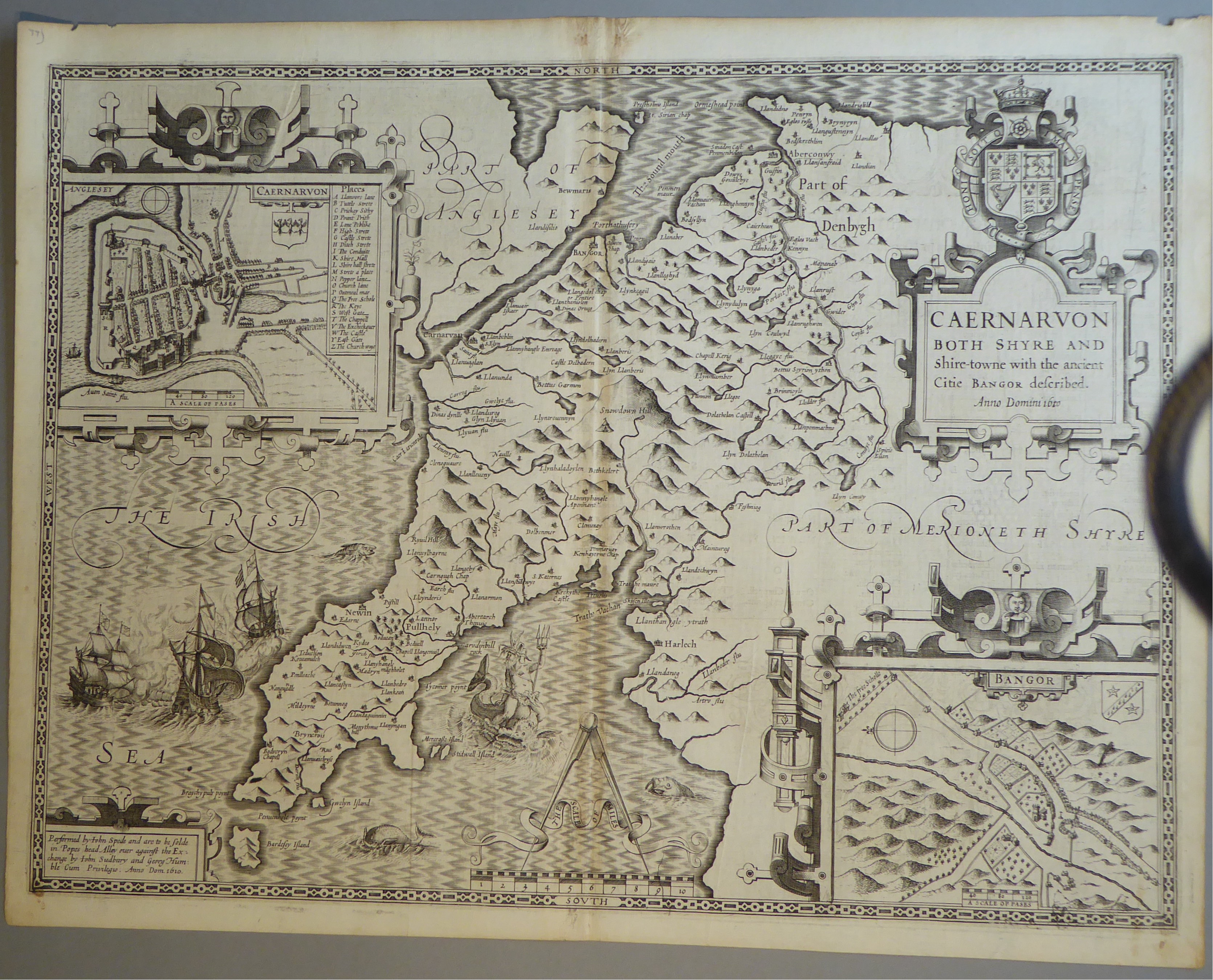 A C17th Black & White copper engraved map of Caernarvonshire by John Speed, c1612