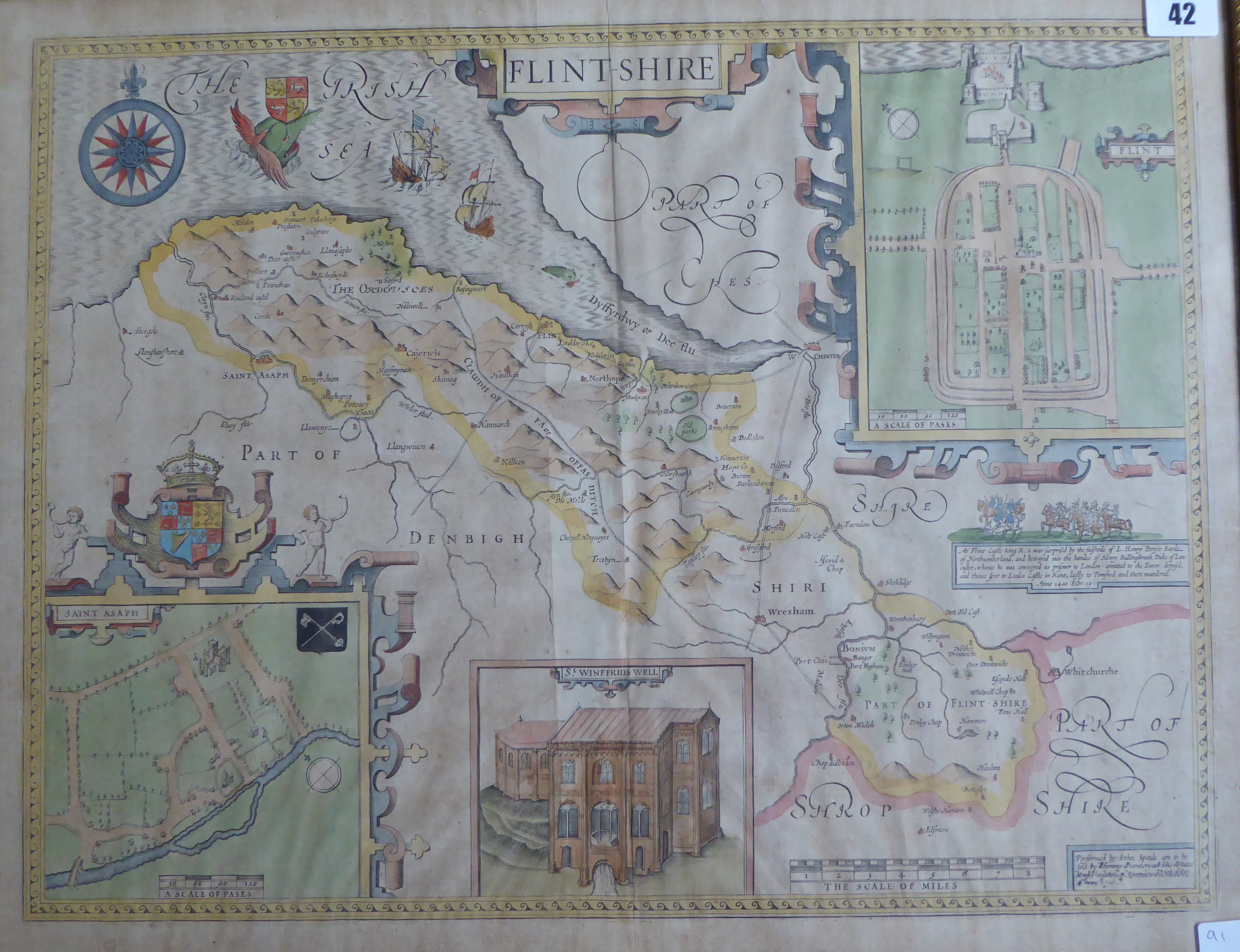 A C17th hand coloured copper engraved map of Flintshire by John Speed