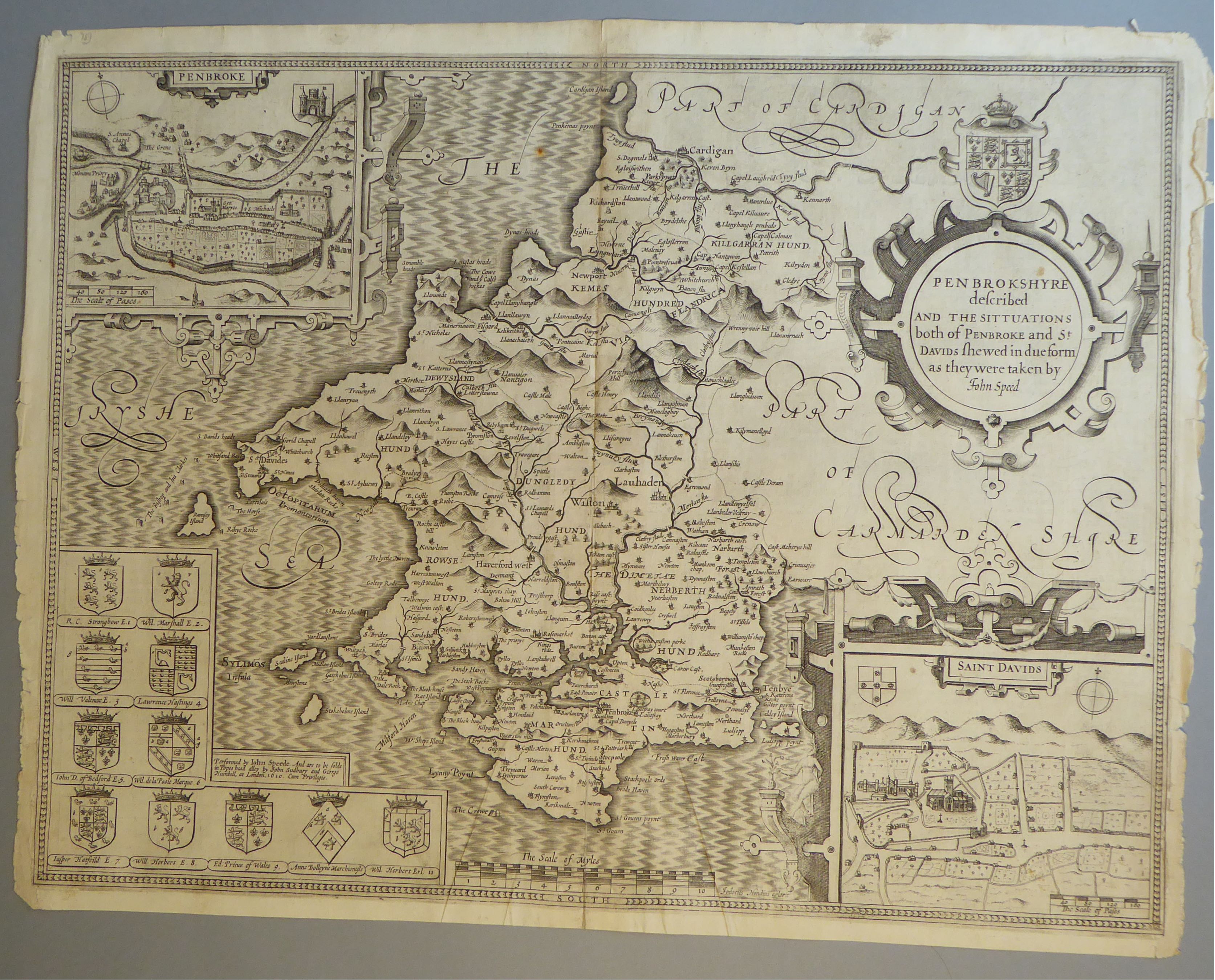 A C17th Black & White copper engraved map of Pembrokeshire by John Speed, c1627